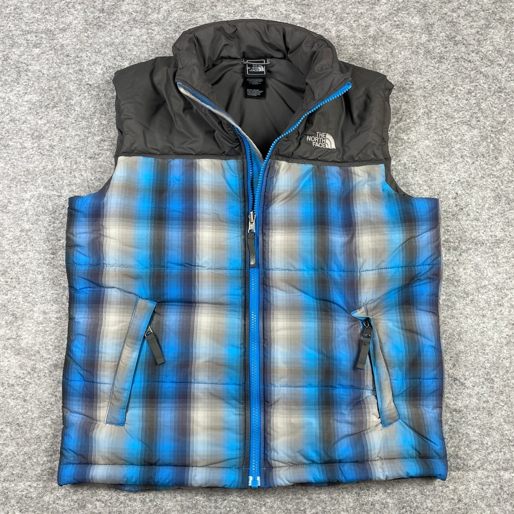The North Face Puffer Vest Boys L 14/16 Blue Plaid A1V8 Insulated Full Zip